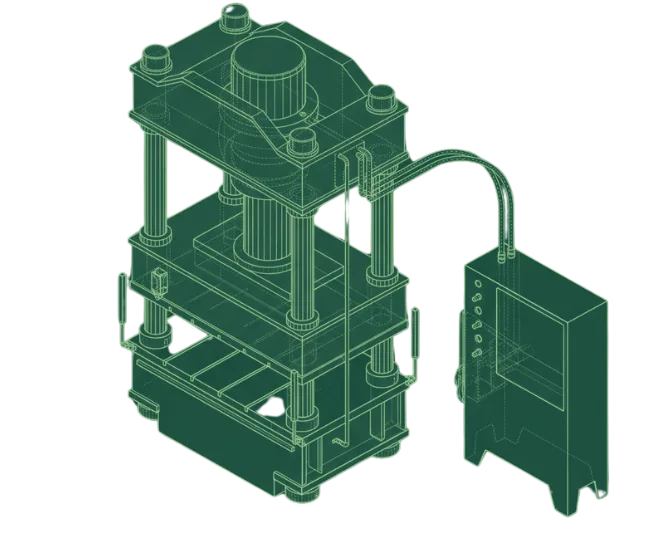 Ilustrasi vertical press machine dengan panel kontrol